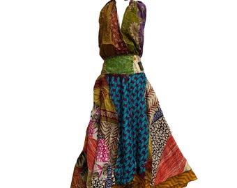 Boho Handmade Patchwork Fair Trade Halter Neck Indian Silk Sari Long Dress