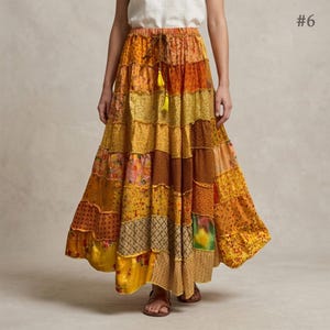 Bohemian Handmade Seven-Tiered Ruffled Recycled Sari Fabric Patchwork Festival Retro Fairy Skirt