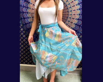 Handmade Patchwork Boho Shark bite Hem Silk Reversible Wrap-Around Skirt Plus size Hippie skirt