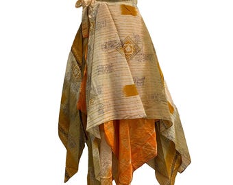 Handmade Patchwork Boho Shark bite Hem Silk Reversible Wrap-Around Skirt Plus size Hippie skirt