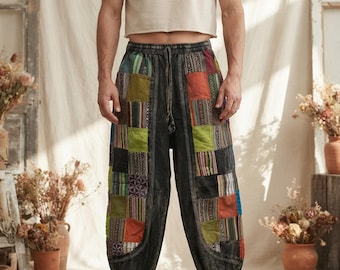 Unisex Handmade Hippie Style Pants Ethnic Gheri Patchwork Pants Harem  Festival  Stonewashed Cotton  W/ Pockets PLUS SIZE