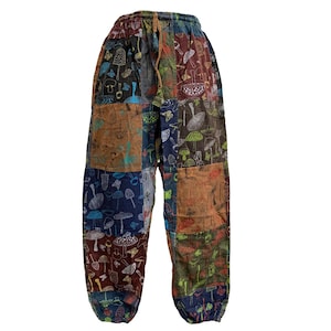 Unisex Handmade Hippie Style Ethnic Mushroom Print Pants Patchwork Harem Pants W/ Pockets Ethnic Stonewashed Cotton Festival Pants Plus Size