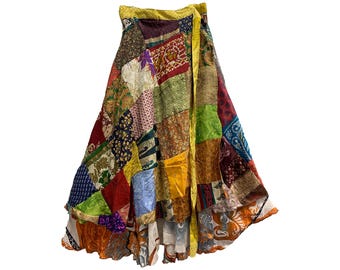 Bohemian Fair Trade Vintage Silk Recycled Sari Handmade Patches Reversible Layered Wrap Around Skirt Assorted Plus Size Skirt