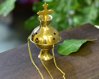 Brass Resin Burner Censer Incense Burner With Cross Thurible Hanging or Stand Alone Burner 5&quot;