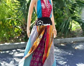 Boho Handmade Patchwork Fair Trade Halter Neck Indian Silk Sari Long Dress