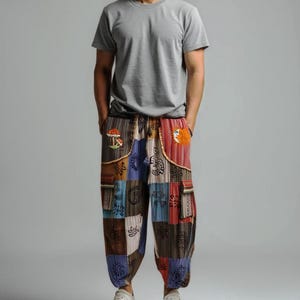 Unisex Handmade Hippie Style Pants Embroidered Mushroom Sun Face Celestial Print Cargo Pants Zippered Pockets Harem Ethnic Festival Pants