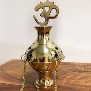 Quemador de incienso de resina de latón con Om Thurible colgante o quemador independiente de 5"