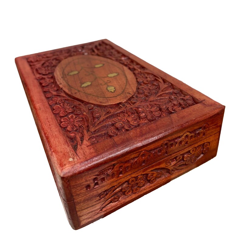 Paisley Inlay Indian Vintage Hand Carved Ethnic Himalayan Mahogany Wood Brass Floral ...