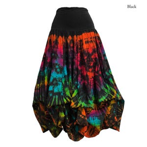 May include: A black tie-dye skirt with a wide, elastic waistband. The skirt features a vibrant pattern of rainbow colors, including red, orange, yellow, green, blue, and purple. The word "Black" is printed in the upper right corner.