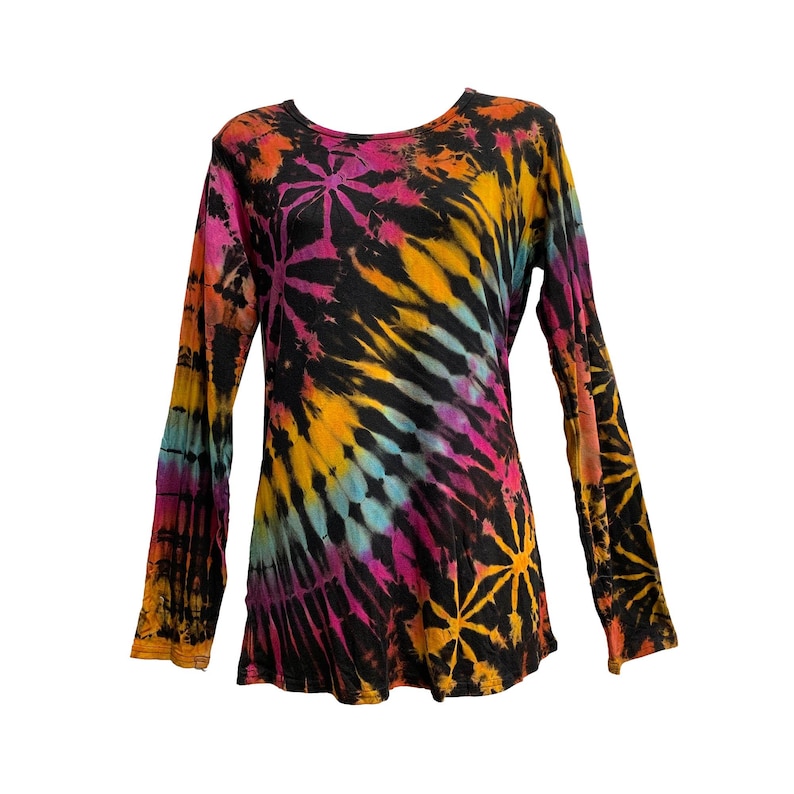 May include: A long-sleeved tie-dye shirt in a swirl pattern. The shirt features a scoop neck and a vibrant mix of colors, including black, orange, yellow, pink, and teal. The sleeves are long and the shirt has a relaxed fit.