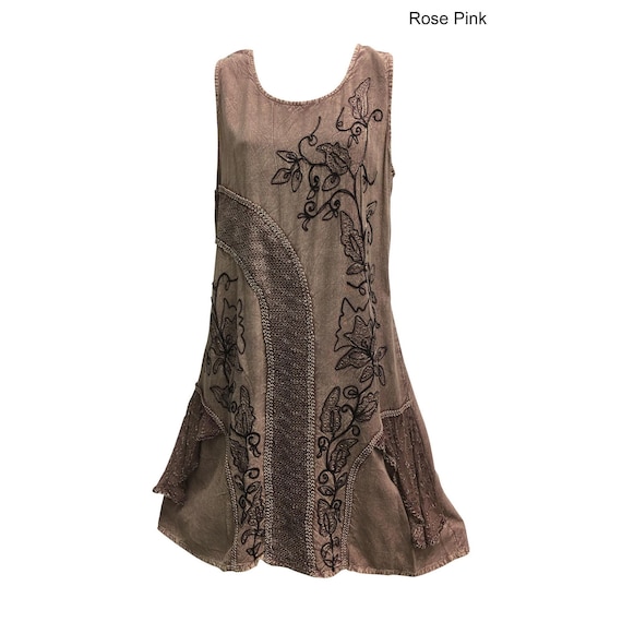 Bohemian Embroidered Sleeveless Sixties Mid-Length Shift Cami Midi Dress 503 (Large / X-Large)