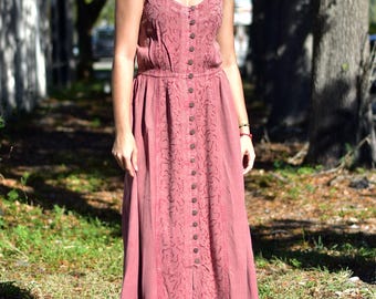 Women's Boho Bohemian Stonewashed Embroidered Cami Spaghetti Strap Button Down Long Dress
