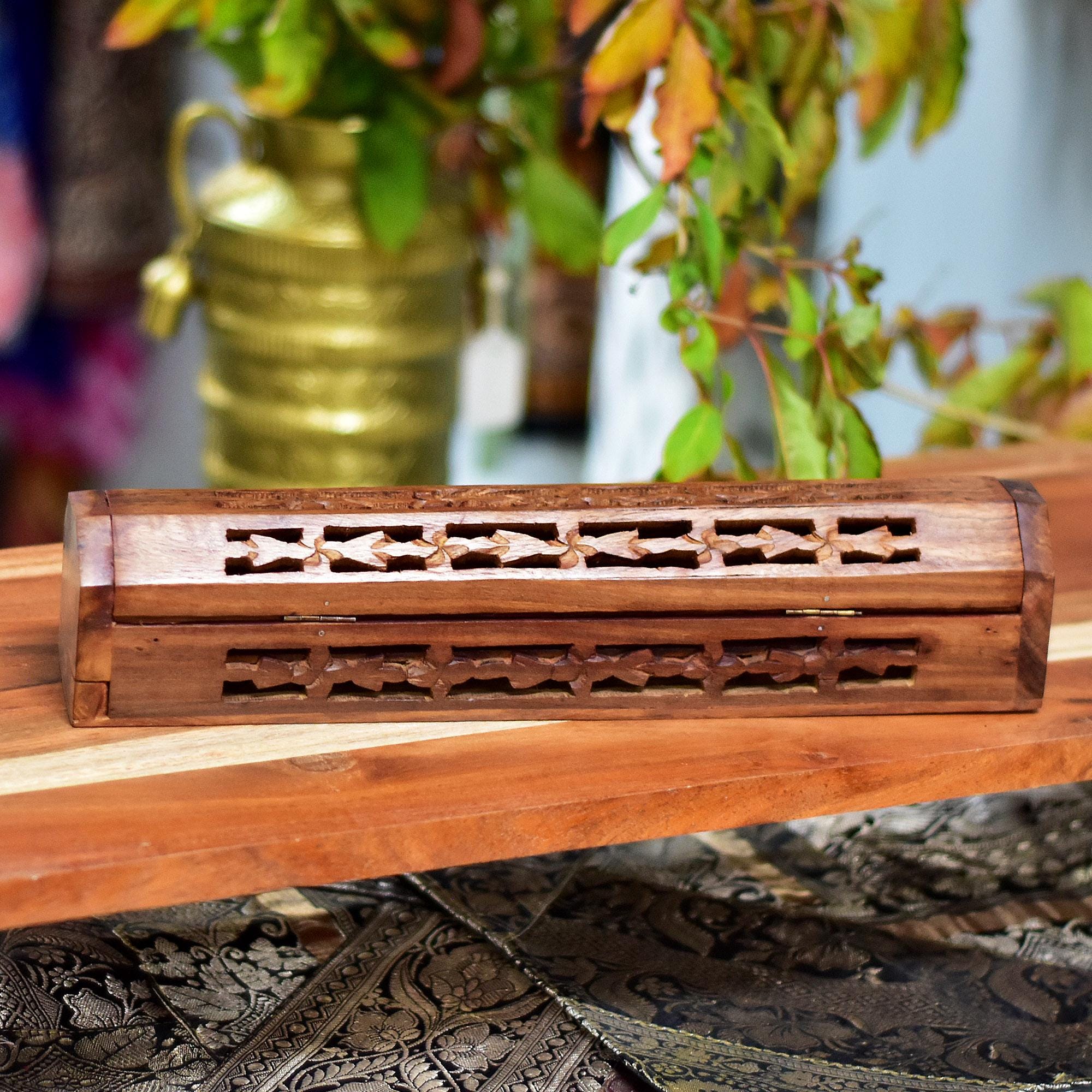 INCENSE BURNER BOX 香炉 Wooden Hand-carved Incense Burner Box With Storage Coffin Hinged