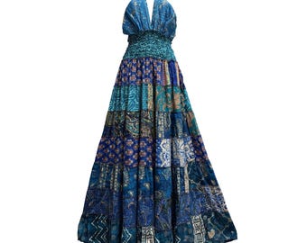 Handmade Patchwork Boho Indian Silk Sari Halter Neck Fair Trade Long Maxi Dress