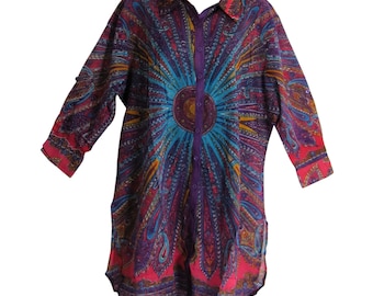 Indian Pure Cotton Loose Fit Tunic Shirt Button-Down Duster Plus Size Shirt Dress (Regular / Plus Size)