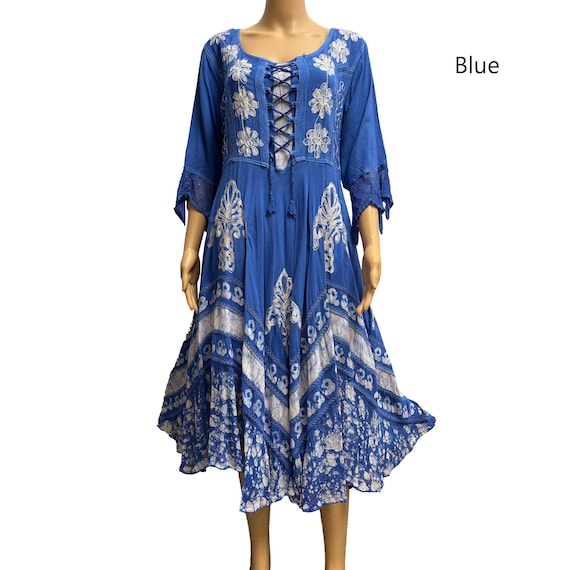 Boho Bohemian Renaissance Embroidered Ethnic Batik Floral Print Bell Sleeve Long Dress Celtic Corset Dress