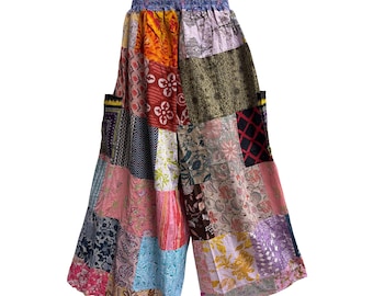 Boho Hippie Multicolor Handmade Recycled Fabric Patchwork Ethnic Wide Leg Trouser Cotton Palazzo With Two Pockets (Regular/Plus ) Assorted .