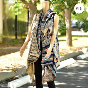 Handmade Boho Fashion Recycled Silk Saree Patchwork Open Front Reversible Printed Vest Kimono Duster Jacket Women&#39;s plus size