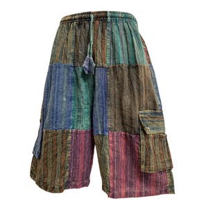 Unisex Men's Ethnic Print Stonewashed Cotton Patchwork Cargo Shorts