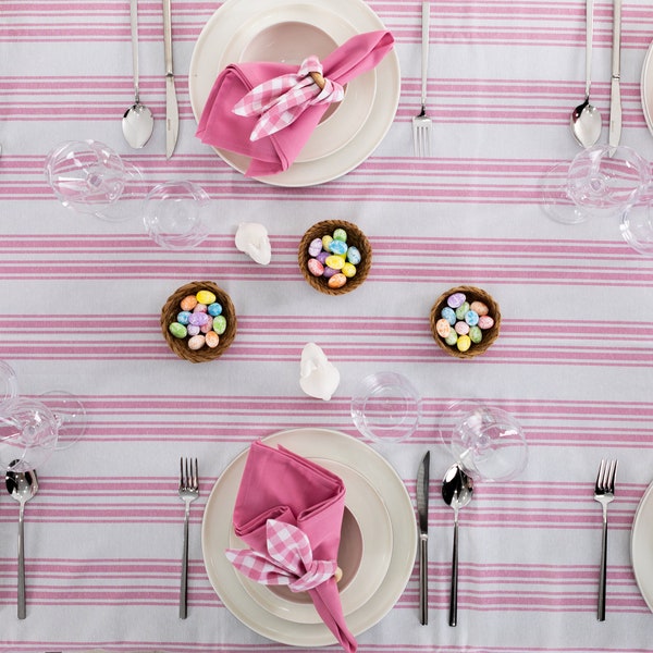 Spring Table Set, Easter Napkin and Handmade bunny ear napkin ring, Easter table decor, striped pink easter tablecloth, Mother’s Day gift