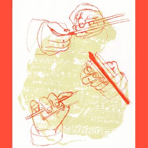 May include: A screen print featuring three orange line-art illustrations of hands holding a violin bow against a pale yellow background with faint musical notation. The bottom text reads 1/25, WARM-UP PROGRESSION, and ASHLEY J CHAN.