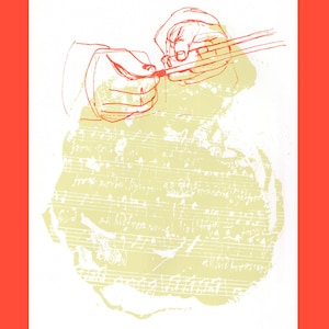 May include: A screen print titled "WARM-UP" featuring a red line drawing of hands holding drumsticks over a pale yellow, textured circular background containing faint, white musical notation and handwritten script text on a white paper.