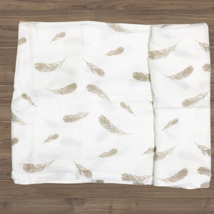 Swaddle Blanket, Bamboo Organic Cotton Baby Swaddle Buttery Soft, Baby Gift, Stroller Blanket, Organic Baby Blanket - Neutral Boho Feather