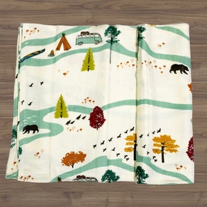 Swaddle Blanket, Bamboo Organic Cotton Baby Swaddle, Baby shower Gift, Stroller Blanket, Organic Baby Blanket - Happy Camper, christmas gift