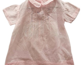 Vintage 1950 Handmade Pink Cotton Embroidered PinTuck Baby Dress
