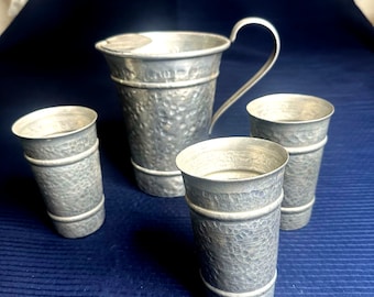 Gailstyn MCM Hammered Aluminum Pitcher Hand Forged with 3 Cups Tumblers