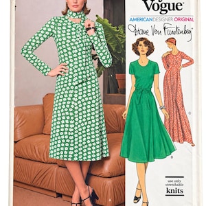May include: A Very Easy Vogue sewing pattern envelope, number 1547, featuring Diane Von Furstenberg designs. The cover displays three dress variations: a green and white floral print dress with a neck tie, a solid green dress, and a long red patterned dress.