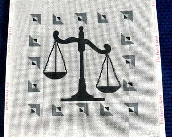 Scales of Justice Hand Painted Needlepoint Canvas 12 x 12 Stretch Bar Mounted