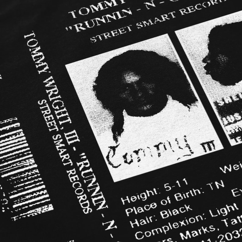 May include: Black and white mugshot style image with the text "Tommy Wright III - "Runnin" - N - Street Smart Records" and "Commy III" written below the image. The mugshot includes the text "Height: 5-11", "Place of Birth: TN", "Hair: Black", "Complexion: Light", "Wei", "E", "rs, Marks, Tat", "11-2030".