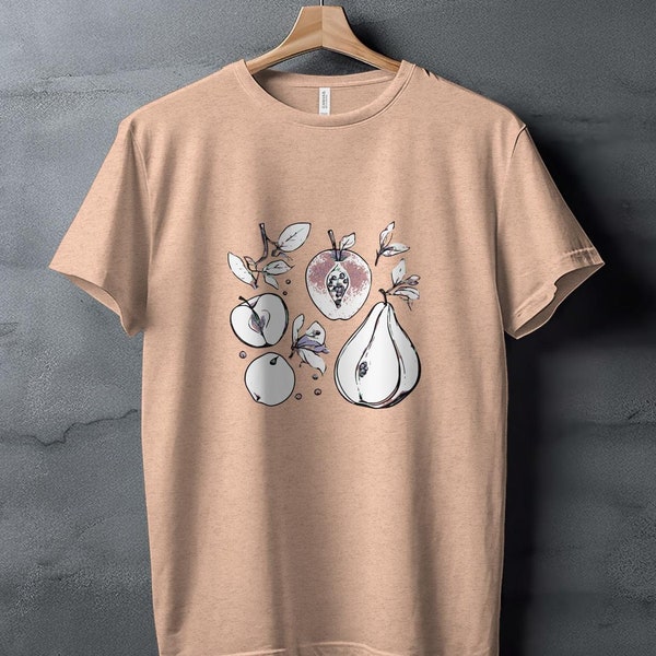 Botanical Pear and Apple Design T-Shirt, Artistic Fruit Illustration Tee, Unique Aesthetic Clothing, Garden Lovers Gift