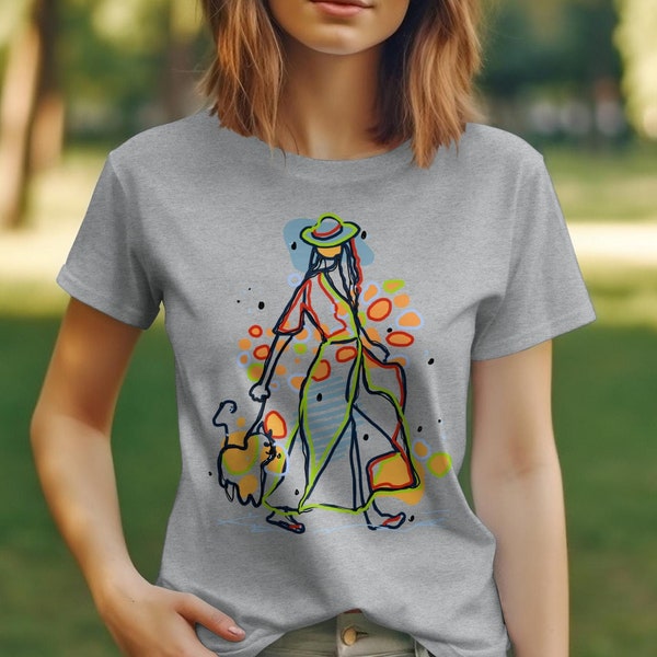 Abstract Art Woman Walking Dog T-Shirt, Colorful Fashion Tee, Casual Streetwear, Artistic Designer Shirt, Unique Graphic Top