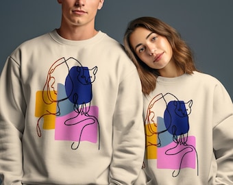 Abstract Art Sweatshirt Titled "Woman with Cat", Colorful Contemporary Animal Graphic Pullover, Modern Pop Art Style Top, Artistic Apparel