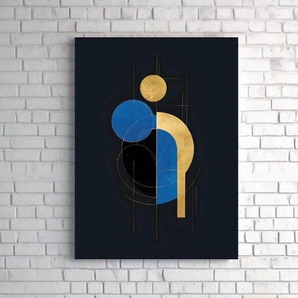 Elegant minimalist painting in blue, black, and gold