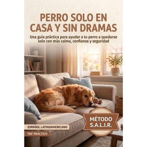 Puede incluir: Una portada de libro titulada PERRO SOLO EN CASA Y SIN DRAMAS con el subtítulo Una guía práctica para ayudar a tu perro a quedarse solo con más calma, confianza y seguridad. Muestra un perro dorado sobre un sofá beige y una insignia MÉTODO S.A.L.I.R.