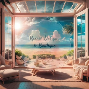 Puede incluir: Una sala de estar blanca con grandes ventanales que dan a una escena de playa. Las ventanas están abiertas y el sol brilla a través de ellas. Hay dos sofás blancos y una mesa de café en la habitación. El texto "Rococo Design & Boutique" es visible en la ventana.