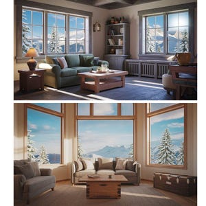 May include: Two living rooms with large windows overlooking a snowy mountain landscape. The first room has a green sofa, a coffee table, and a lamp. The second room has two sofas, a coffee table, and a wooden chest.