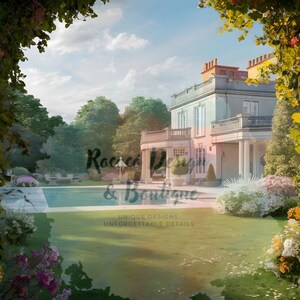 Puede incluir: Una gran casa azul claro con molduras blancas y una piscina en el jardín. La casa tiene un gran porche blanco con columnas y un balcón. La piscina está rodeada de un exuberante césped verde y flores coloridas. El texto "Rococo Design & Boutique" está superpuesto a la imagen.