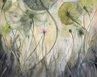 May include: Watercolor painting of a forest scene with tall, thin trees and a light blue sky. The trees are painted in shades of gray and brown, and the sky is painted in shades of blue and white. There are also some pink flowers painted in the scene.