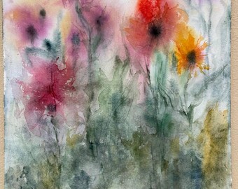 May include: Watercolor painting of a field of flowers in shades of pink, red, yellow, and green. The flowers are painted in a loose, impressionistic style, with soft edges and flowing lines.