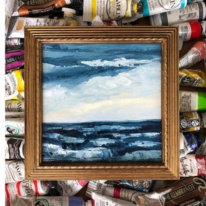 Evening Waves Beach Seascape Original Oil Painting in Vintage Frame Beach House Art Vintage Nautical Decor Beach Housewarming Gift Maritime