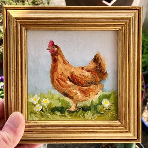 Brown Hen with flowers oil painting, Small framed Chicken Painting, Cottage Core Decor, Chicken Art, Farm House Art, Chicken Kitchen Art