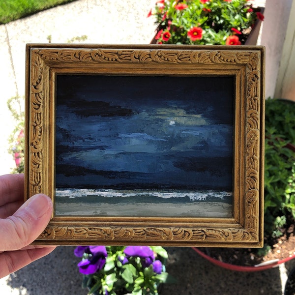 Evening Beach with Clouds and Moon Landscape Original Oil Painting in Vintage Frame - Beach House Art, Vintage Nautical Decor