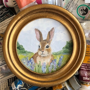 Bunny Rabbit in Blue Flower Meadow Framed Original Oil Painting, Farm House Decor, Small Round Oil Painting, Shelf Art, Cottage Decor Gift