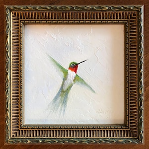 Ruby-throated Hummingbird original vintage small framed oil painting, Hummingbird Lover Gift Art, Gift for Mom, Country Cottage Bird Art