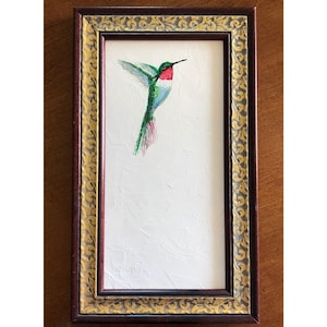 Hummingbird Original Oil Painting in a Vintage Wood Frame, Bird Lover Gift, Gift for Mom, Framed Hummingbird Painting, Cottage Core Decor