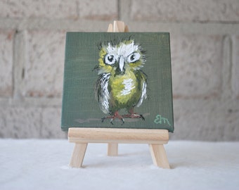 Miniature Painting (8x8 cm), Owl, Acrylic on Canvas with Easel